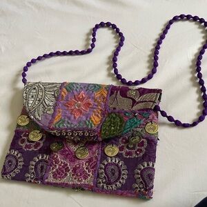 Handmade from India Embroidered Purple Patchwork Floral Boho Statement Clutch
